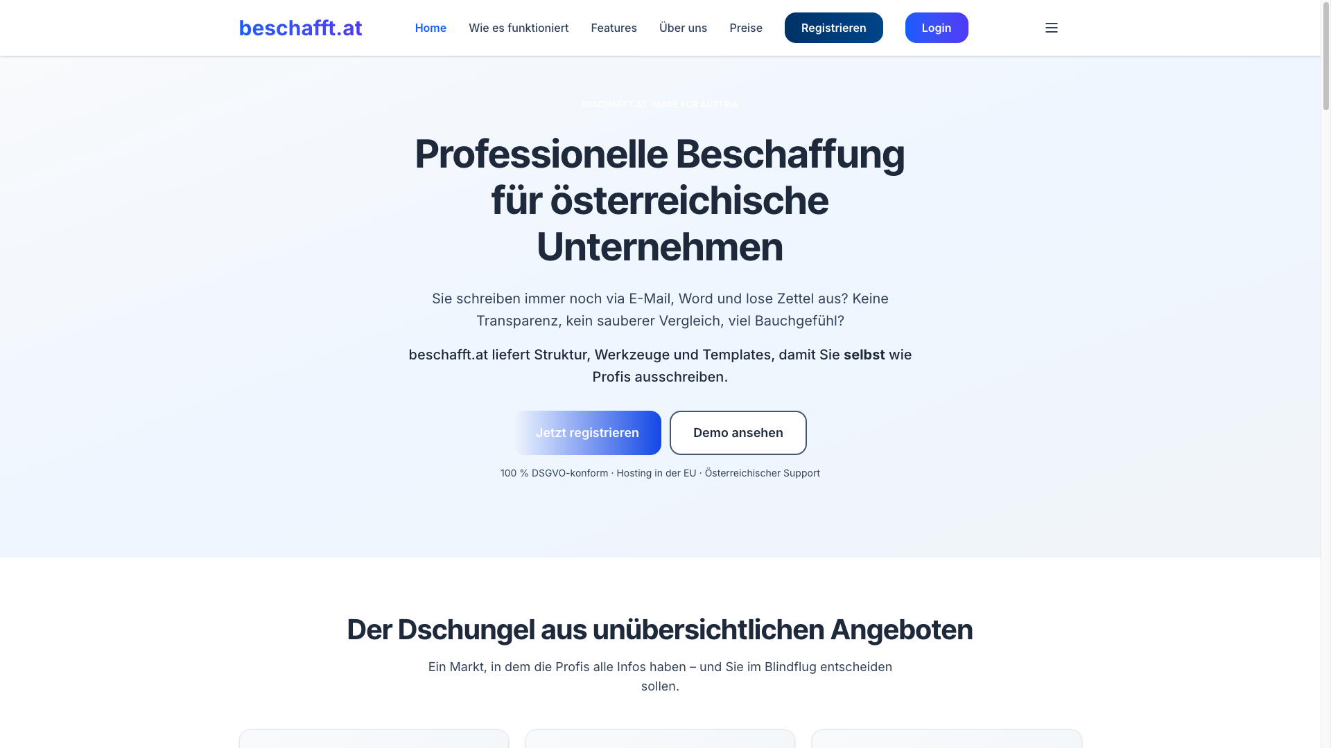 beschafft.at Startseite - Übersichtliche Oberfläche